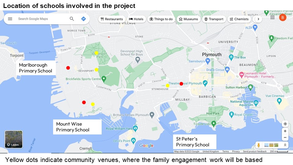 Map showing the community venues where the family engagement work be based in the Plymouth area