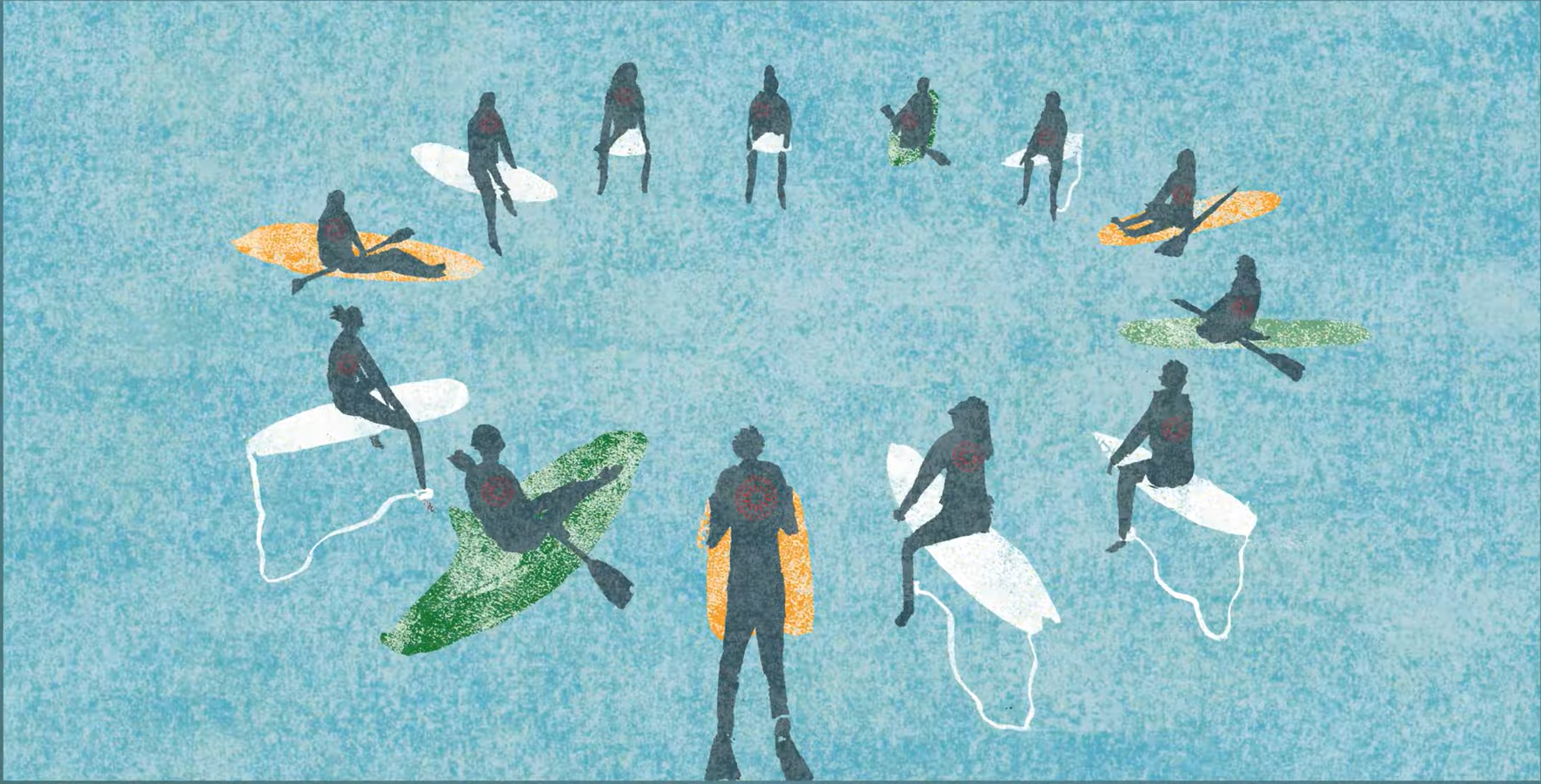 Marine citizen film screenshot of an illustration of people sitting on paddleboards in the sea in a circle