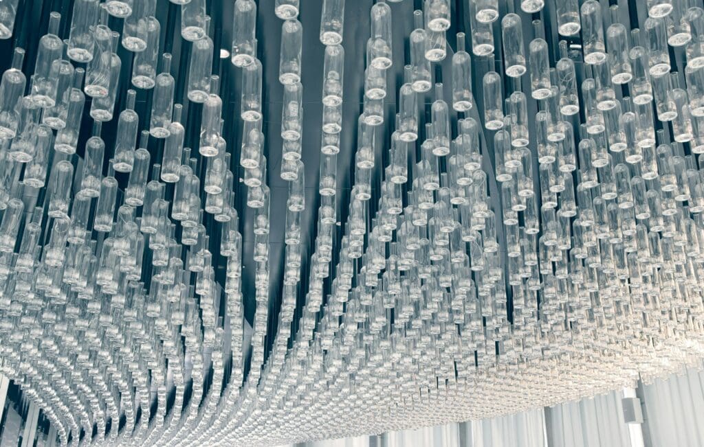 Image of geometric light installation from below