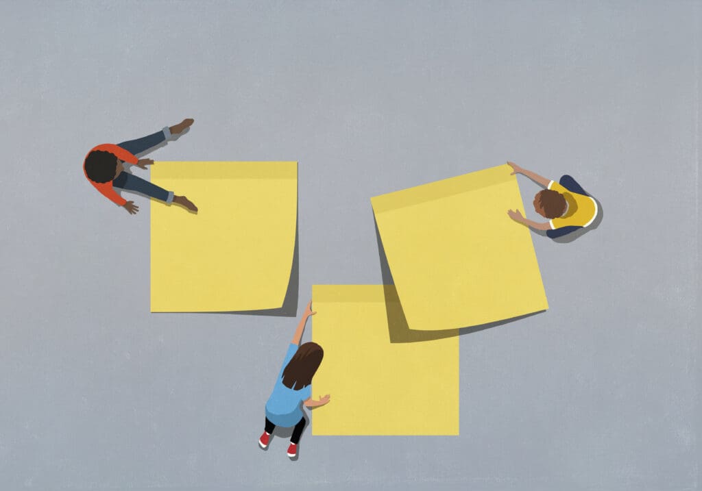 Drawing of 3 kids with giant, blank sticky notes