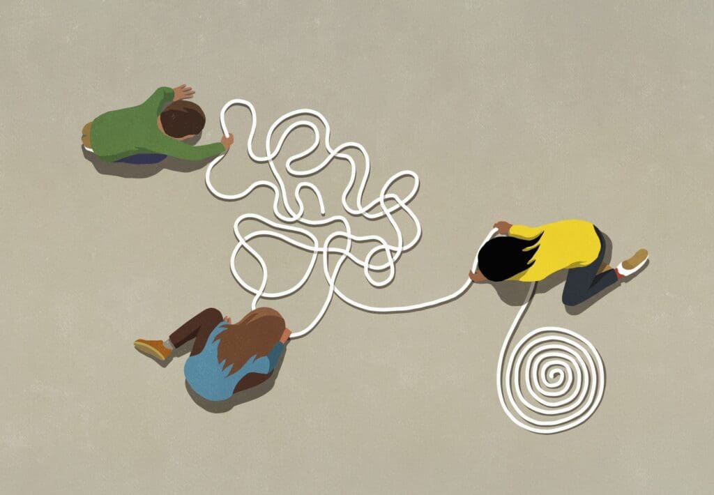 Graphic of 3 people playing with a coil of rope