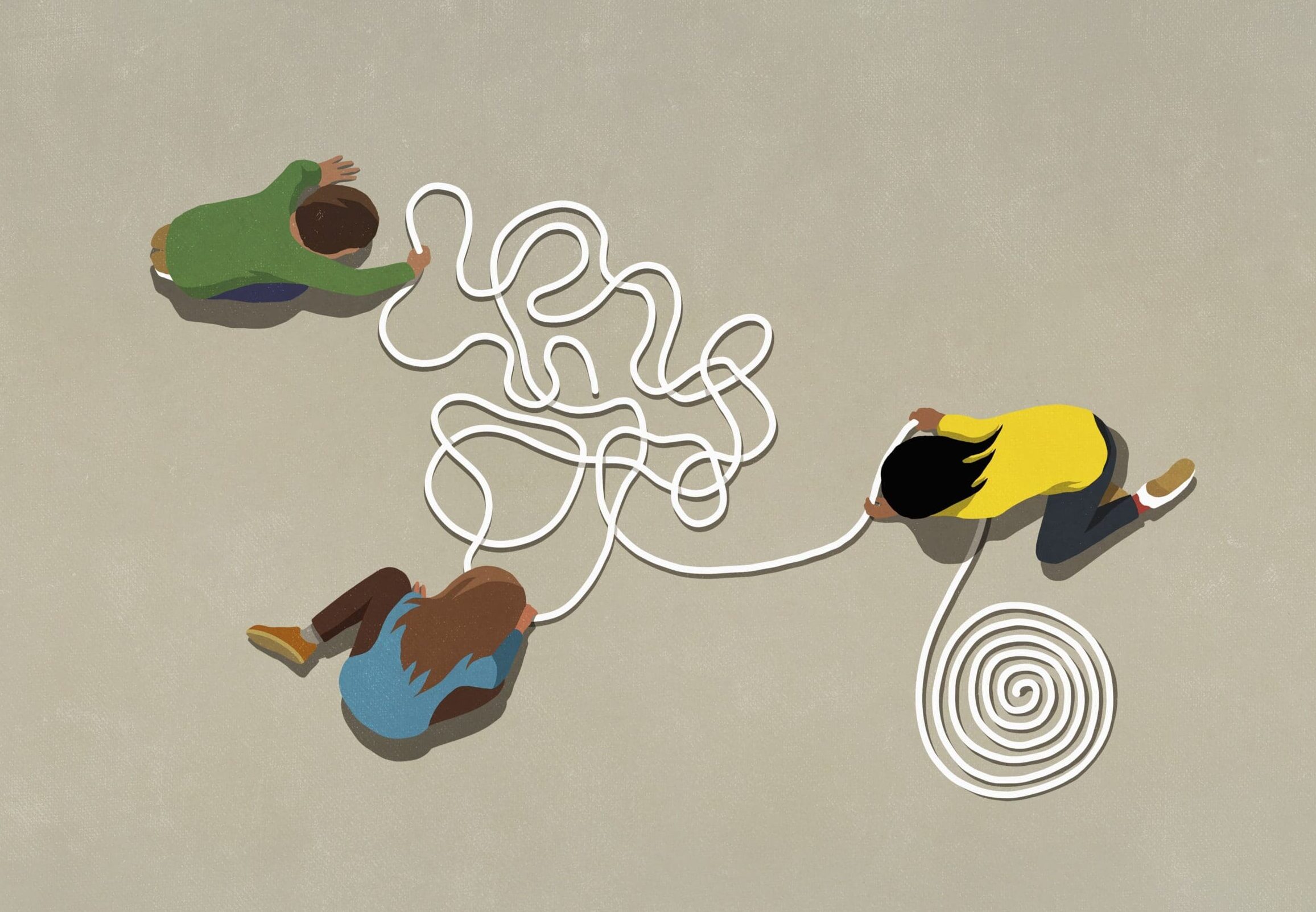 Graphic of 3 people playing with a coil of rope