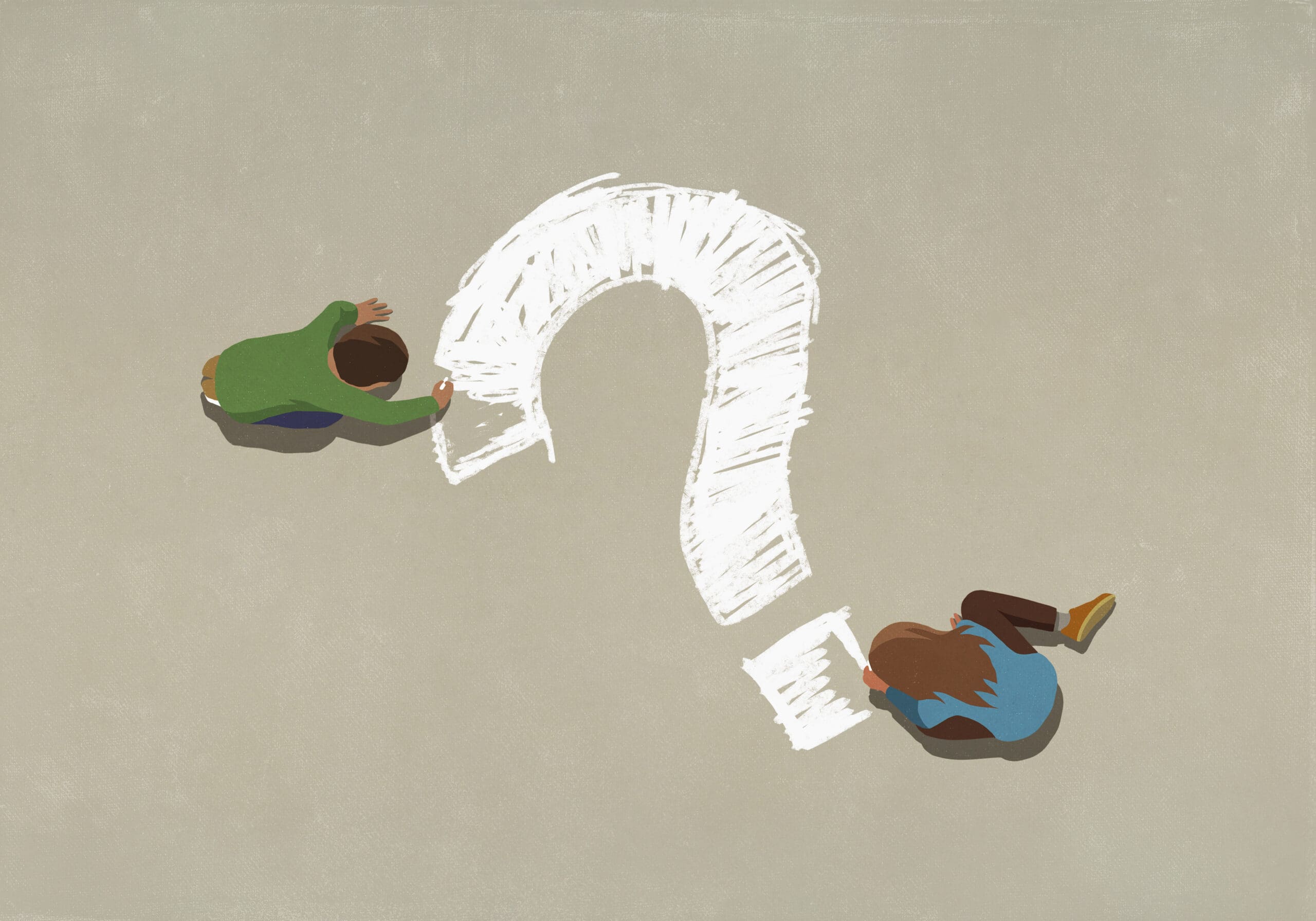 People draw a question mark in chalk on the ground