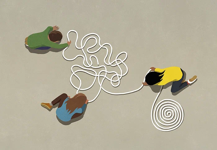 Graphic shows three people from above playing with a coil of rope